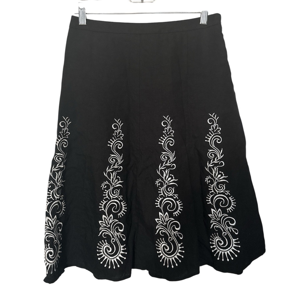 LOFT Black Linen White Embroidered A-Line Flair Fully Lined Midi Skirt Sz 2 EUC - Picture 4 of 11